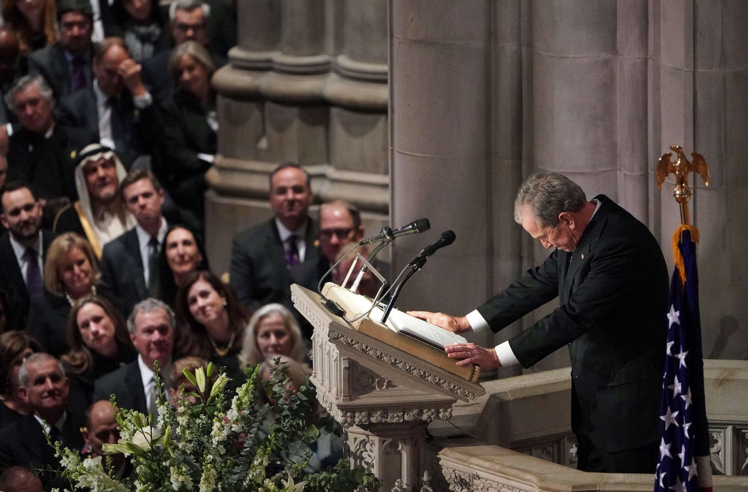 PHOTO: Former President George W. Bush speaks during the funeral service for his father, former President George H. W. Bush at the National Cathedral in Washington, D.C., Dec. 5, 2018.