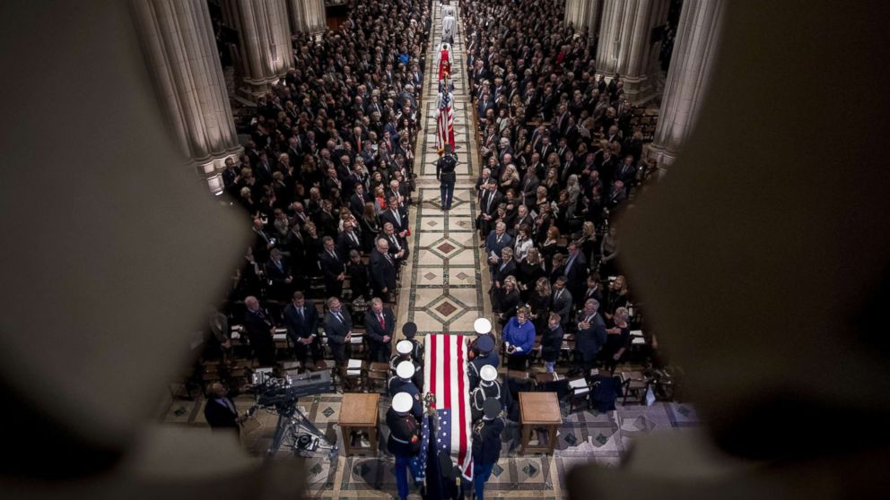 PHOTO: The flag-draped casket of former President George H.W. Bush arrives for a State Funeral at the National Cathedral, Dec. 5, 2018 in Washington, D.C.