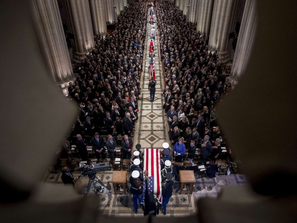 PHOTO: The flag-draped casket of former President George H.W. Bush arrives for a State Funeral at the National Cathedral, Dec. 5, 2018 in Washington, D.C.