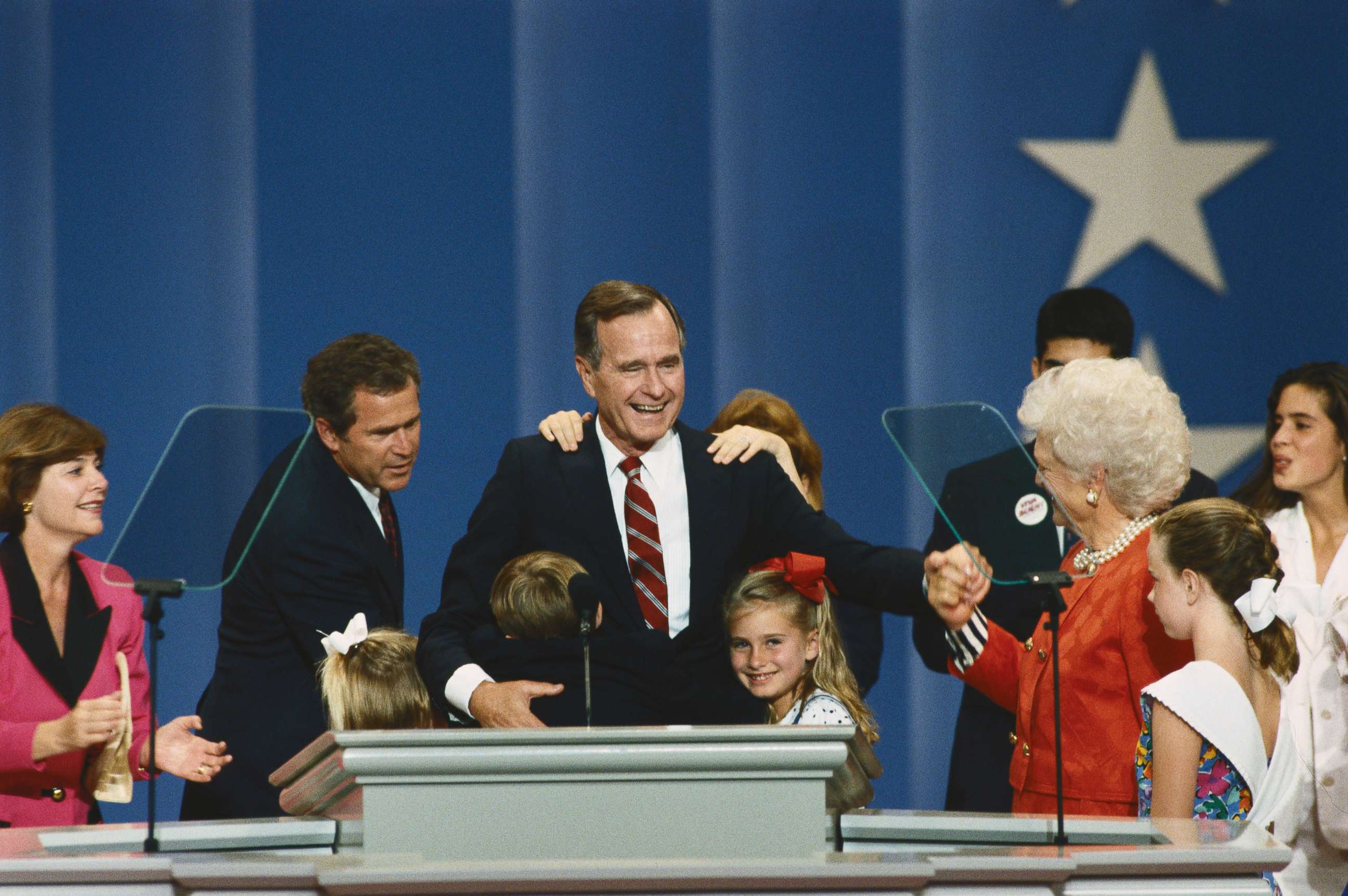 PHOTO: George Bush surrounded by his family at the podium at the 1992 Republican National Convention. 