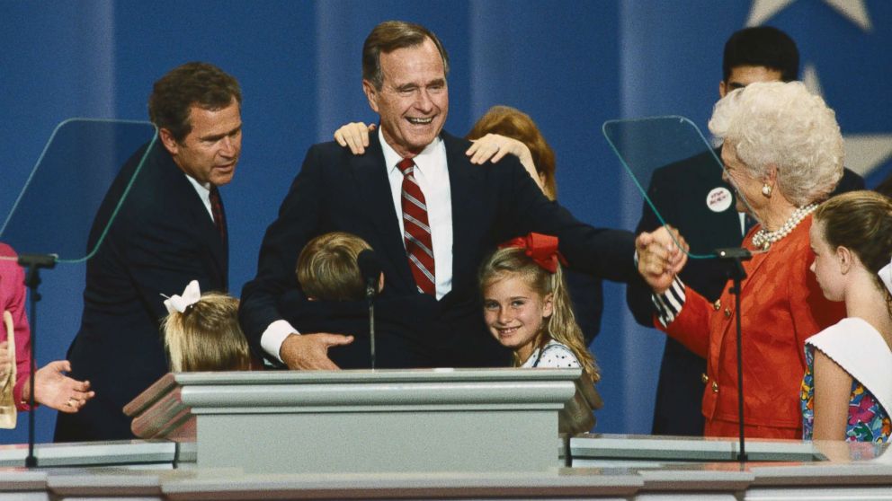 PHOTO: George Bush surrounded by his family at the podium at the 1992 Republican National Convention. 