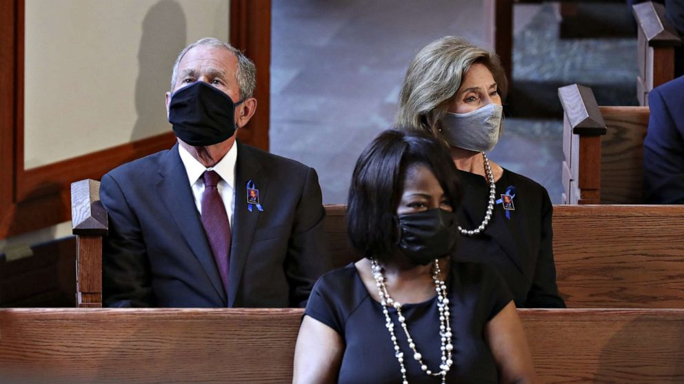 PHOTO:Former President George W. Bus, left, and former first lady Laura Bush attend the Celebration of Life Service for civil rights leader and Democratic Rep. from Georgia John Lewis at Ebenezer Baptist Church in Atlanta, July 30, 2020.