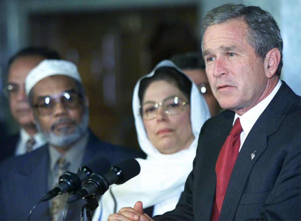 PHOTO: President George W. Bush speaks during a visit to an Islamic center to try to put an end to rising anti-Muslim sentiment in the wake of the previous week's terrorist attacks on New York and Washington, Sept. 17, 2001, in Washington, D.C.