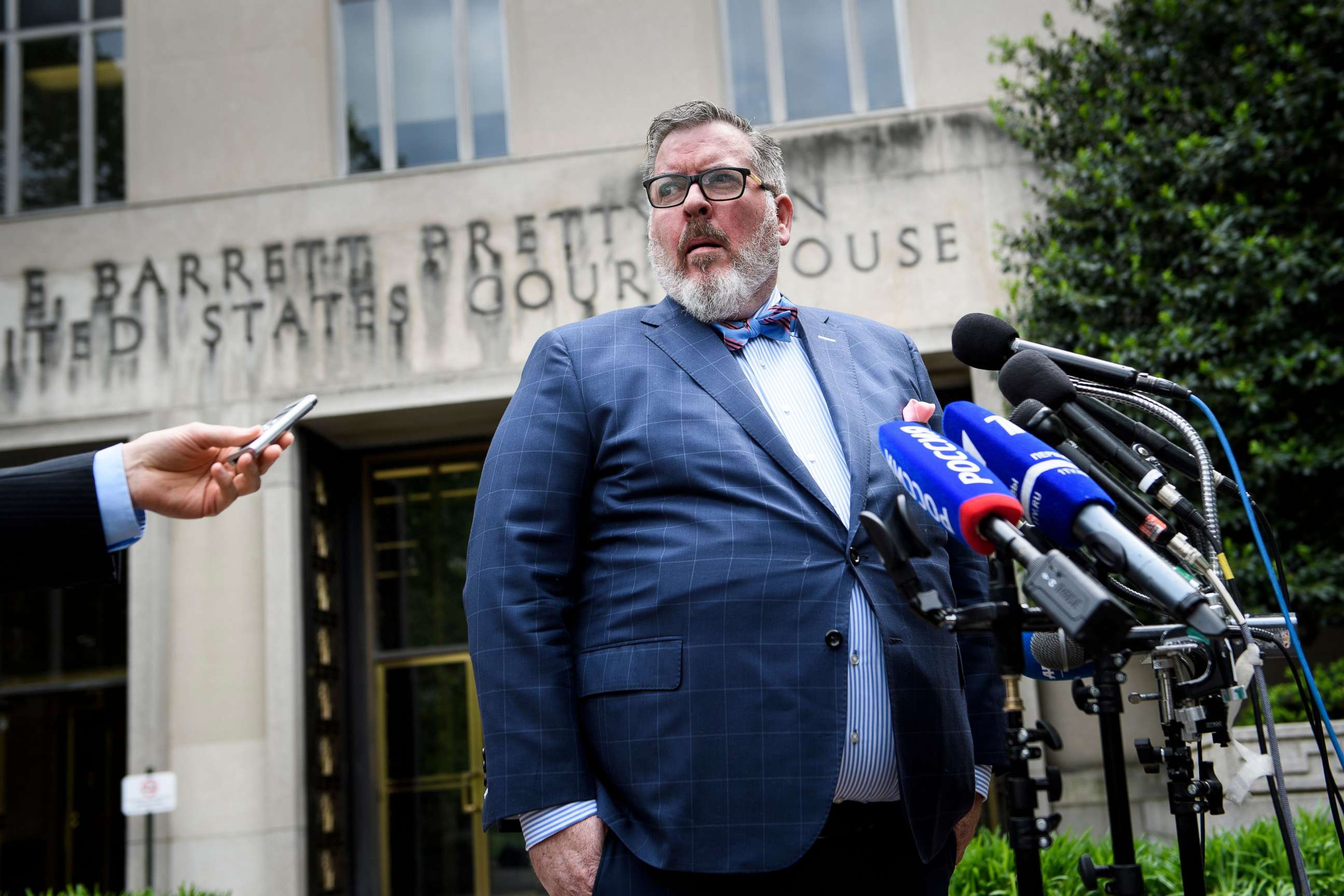 PHOTO: Robert Driscoll, a lawyer for Russian national Maria Butina, speaks to reporters about her sentencing for spying for Russia, outside US District Court on April 26, 2019, in Washington.