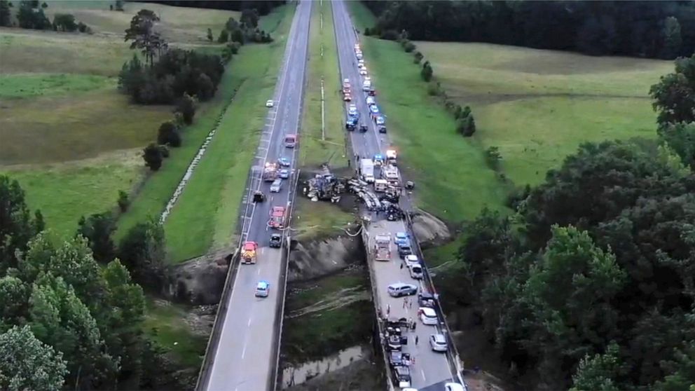 PHOTO: Drone image shows aftermath of a deadly crash of 18 vehicles on interstate 65 in Butler County, Alabama, June 20, 2021.