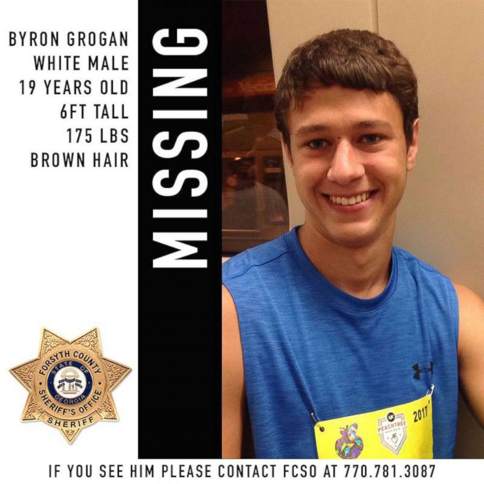 PHOTO: Byron Grogan, 19, is pictured in an undated photo released by the Forsyth County Sheriff's Office. He was last seen jogging at the Chattahoochee Pointe Park in Suwanee, Ga., on Aug. 6, 2018.