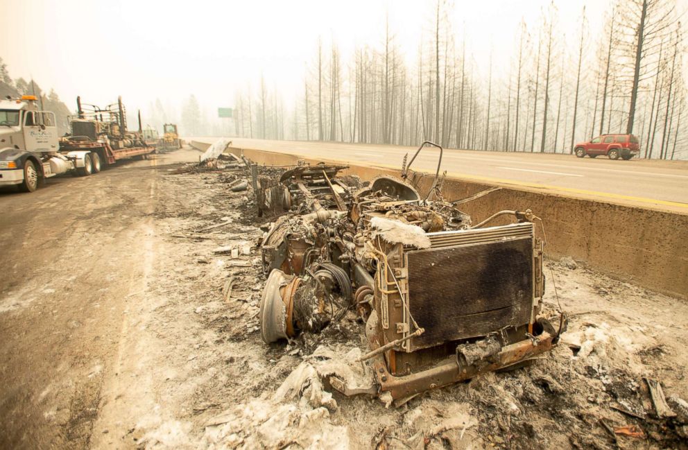PHOTO: A burned out truck sits along Interstate 5 during the Delta Fire near Delta, Calif. in the Shasta Trinity National Forest on Sept. 6, 2018. 