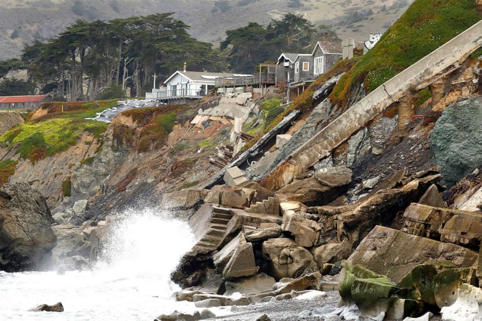 PHOTO: A staircase that once led to an oceanside home fell off the cliff at Gleason Beach, due to coastal flooding and erosion north of Bodega Bay, Calif., Feb. 27, 2019. 