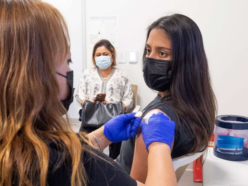 PHOTO: A 16-year-old gets instructions after receiving her Pfizer-BioNTech COVID-19 vaccine at UCI Health Family Health Center in Anaheim, Calif., April 28, 2021.