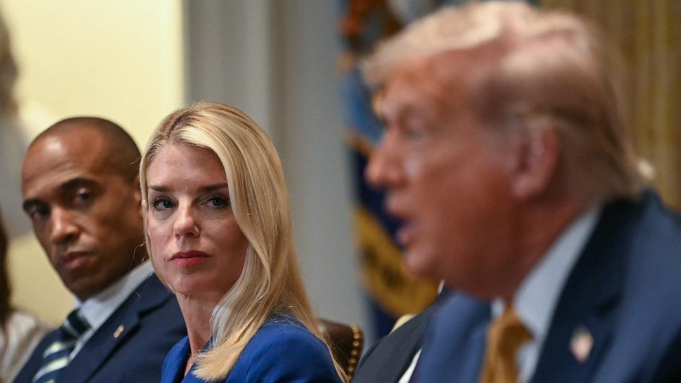 PHOTO: Secretary of Housing and Urban Development Scott Turner and Attorney General Pam Bondi look on as President Donald Trump speaks during a cabinet meeting in the Cabinet Room of the White House in Washington, July 8, 2025.