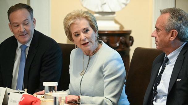 Education Secretary Linda McMahon speaks during a cabinet meeting in the Cabinet Room of the White House in Washington, April 30, 2025.