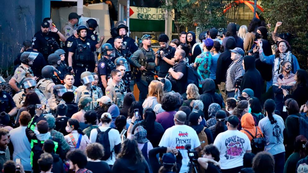 PHOTO: Pro-Palestinian protesters stand off with police on the campus of California State Polytechnic University, Humboldt, in Arcata, Calif., April 22, 2024.