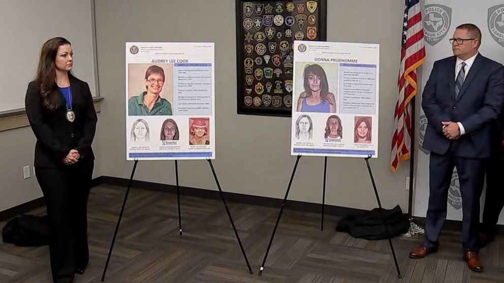 PHOTO: Police investigators announced the identification of two women whose bodies were found decades ago in League City, Texas, in a press conference on April 15, 2019.