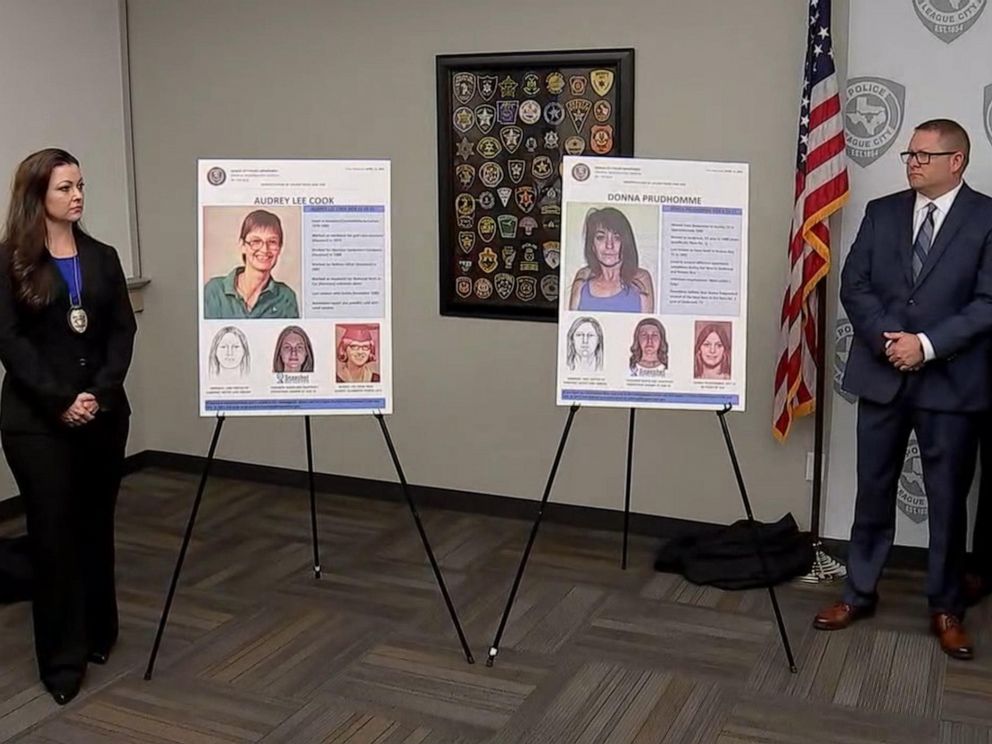 PHOTO: Police investigators announced the identification of two women whose bodies were found decades ago in League City, Texas, in a press conference on April 15, 2019.