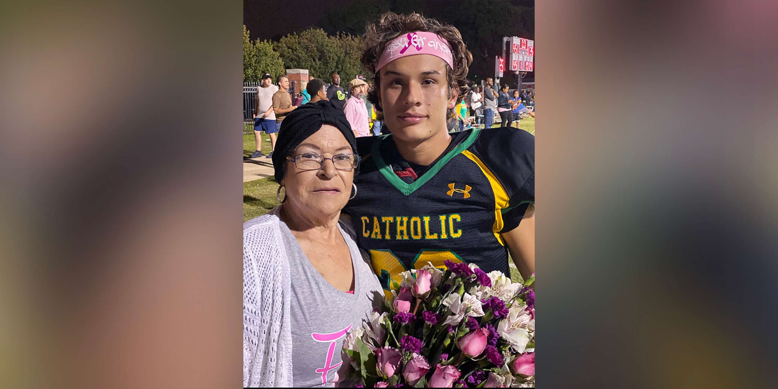 PHOTO: Frank Calderon, 16, gave his grandmother, who is battling breast cancer, a bouquet of flowers before the big football game for Pensacola Catholic High School.