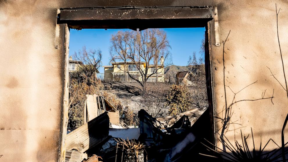 PHOTO: A home destroyed by the Eaton Fire stands in front of a home that survived in Altadena. Calif., Jan. 13, 2025. 