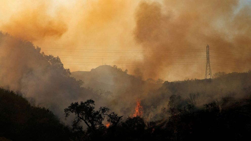 FILE PHOTO: The Bond Fire wildfire burns next to electrical power lines near Modjeska Canyon, California, U.S., December 3, 2020. 