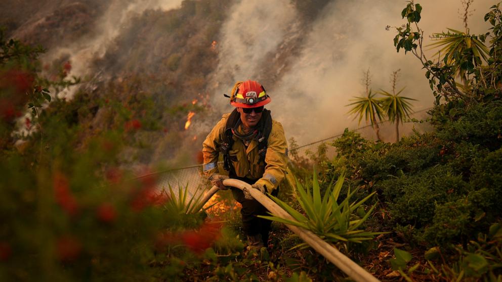 PHOTO: A firefighter sets up a hose while fighting the Palisades Fire in Mandeville Canyon, Jan. 11, 2025, in Los Angeles.