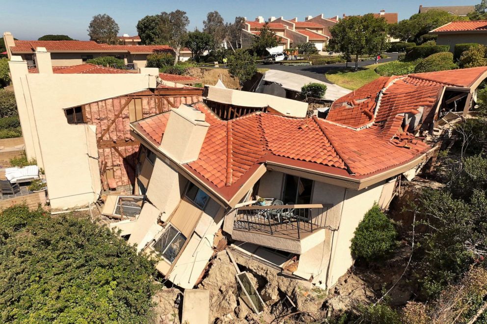 PHOTO: This photo taken with a drone shows damage from earth movement to a property in Rolling Hills Estates, Calif., July 10, 2023.