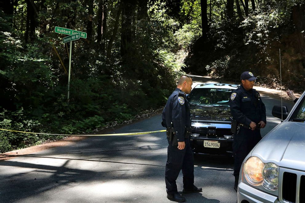 PHOTO: California Highway Patrol officers keep a road closed in Ben Lomond near Santa Cruz, Calif., June 8, 2020, as FBI agents continue processing the scene where Santa Cruz County Sheriff's Sgt. Damon Gutzwiller was killed.