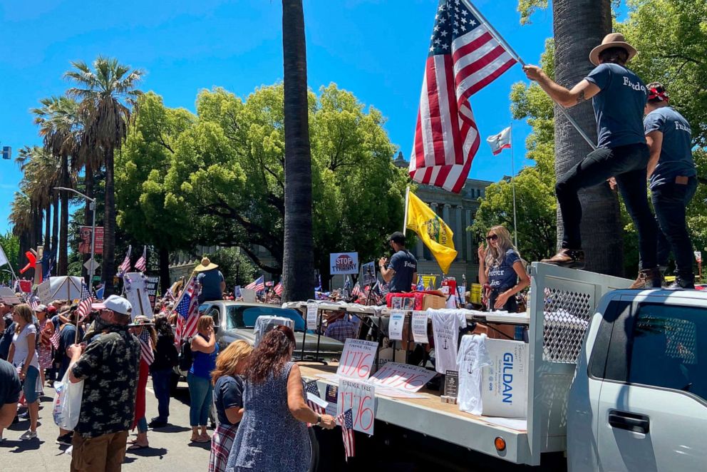 PHOTO: Protesters gathered outside the "Liberty Fest" rally in front of California State Capitol, May 23, 2020, in Sacramento, Calif., to protest Gov. Gavin Newsom's Stay At Home Order to stem the coronavirus outbreak.