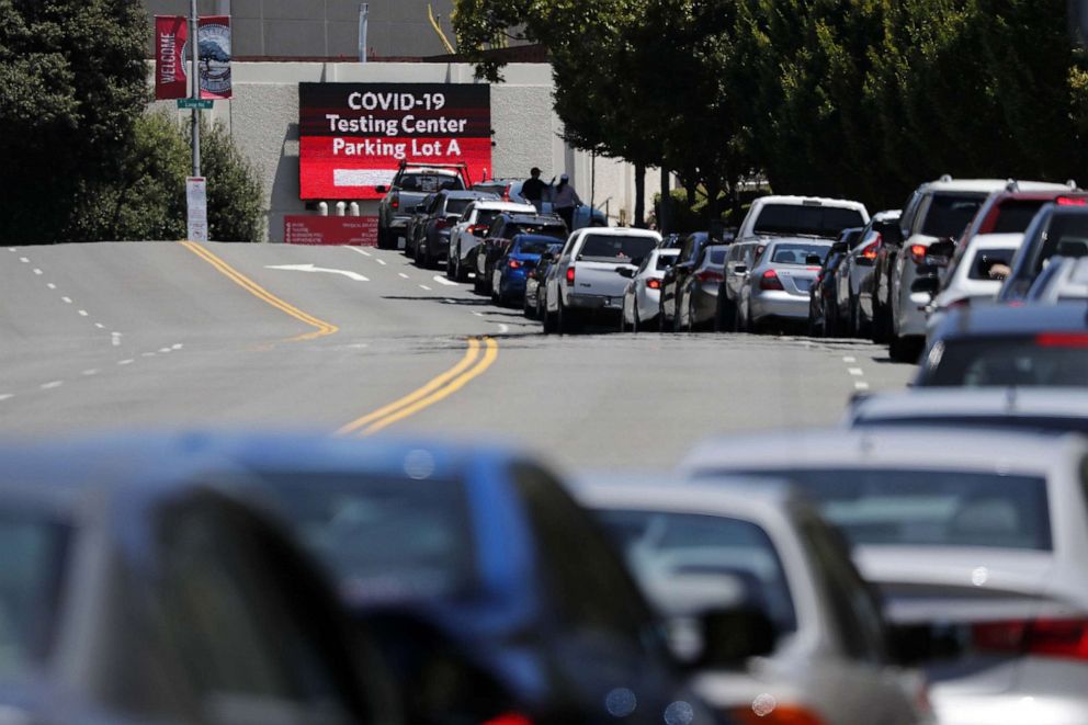 PHOTO: Vehicles line up at a drive-through COVID-19 testing facility operated by the Hayward Fire Department on the California State University East Bay campus in Hayward, Calif., July 2, 2020.