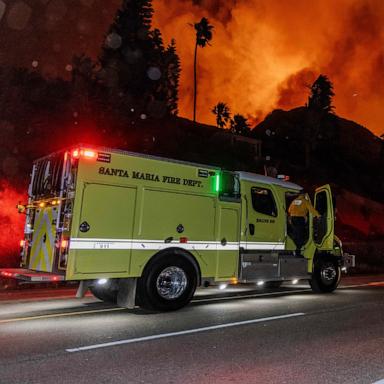 PHOTO: Santa Maria Fire truck speeds towards the fire as seen from the PCH (Pacific Coast Highway) in the town of Pacific Palisades, on the edge of Malibu, Calif., on Jan. 7, 2025.