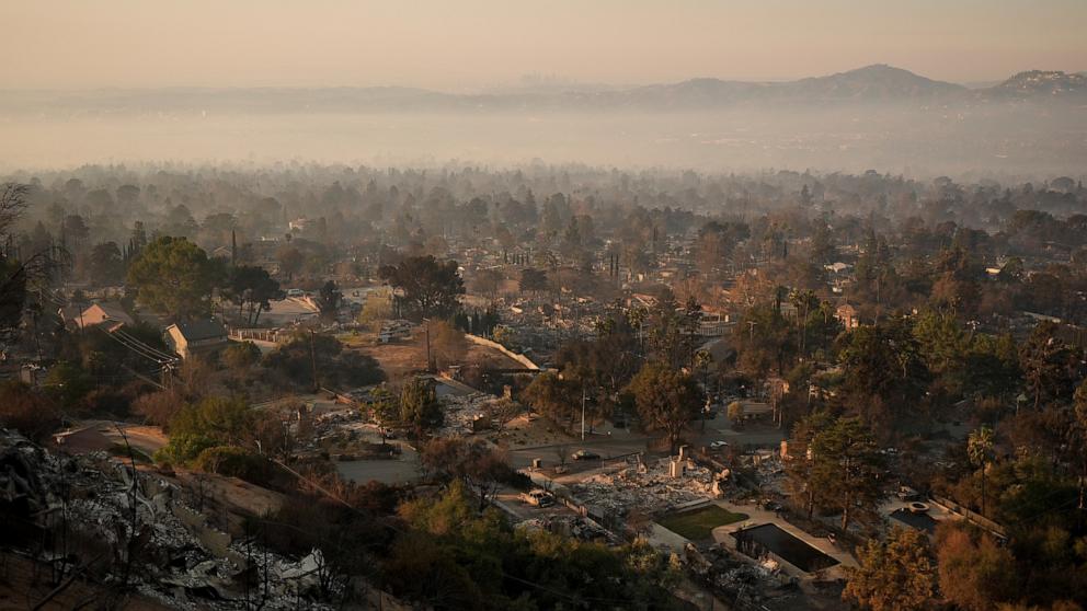 PHOTO: Damage to structures is seen from hilltop perspective in the aftermath of the Eaton Fire, Jan. 10, 2025 in Altadena, Calif.