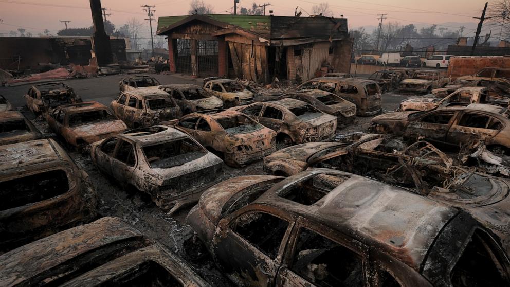 PHOTO: Cars are left charred inside a dealership in the aftermath of the Eaton Fire, Jan. 10, 2025 in Altadena, Calif.