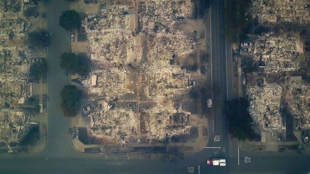 PHOTO: This aerial image shows a neighborhood that was destroyed by a wildfire in Santa Rosa, Calif., Oct. 10, 2017.