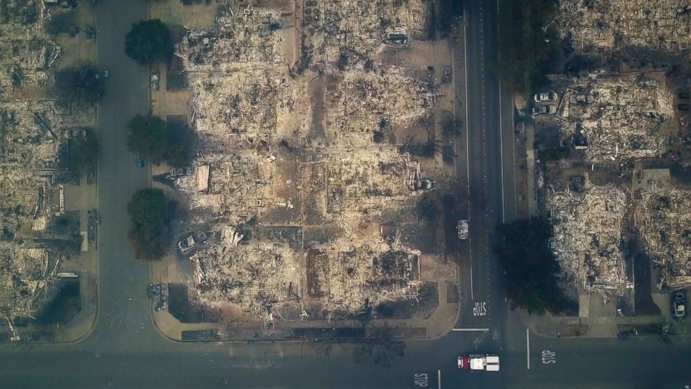 PHOTO: This aerial image shows a neighborhood that was destroyed by a wildfire in Santa Rosa, Calif., Oct. 10, 2017.