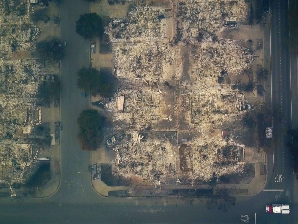 PHOTO: This aerial image shows a neighborhood that was destroyed by a wildfire in Santa Rosa, Calif., Oct. 10, 2017.