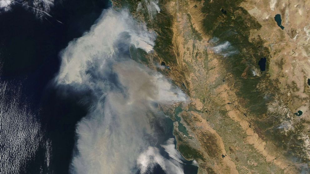 PHOTO: An image acquired by the Moderate Resolution Imaging Spectroradiometer (MODIS) instrument on NASA's Terra satellite shows smoke billowing from the fires in northern California, Oct. 9, 2017.