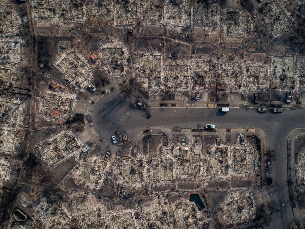 PHOTO: An aerial view of homes burned by wildfire in the Coffey Park neighborhood of Santa Rosa, Calif., Oct. 10, 2017.
