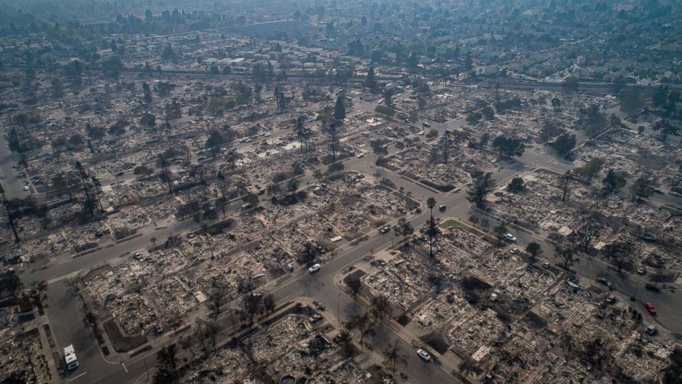 PHOTO: An aerial view of homes burned by wildfire in the Coffey Park neighborhood of Santa Rosa, Calif., Oct. 10, 2017.