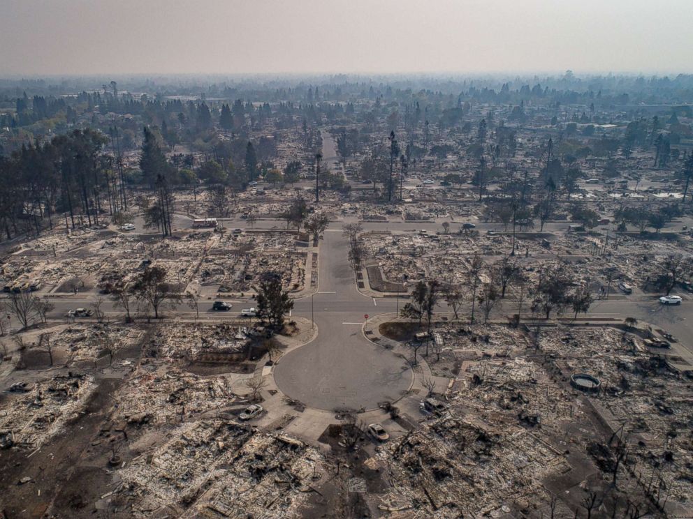 PHOTO: An aerial view of homes burned by wildfire in the Coffey Park neighborhood of Santa Rosa, Calif., Oct. 10, 2017.