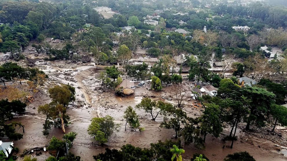 PHOTO: Mudflow and damaged homes in Montecito, Calif., Jan. 10, 2018. 