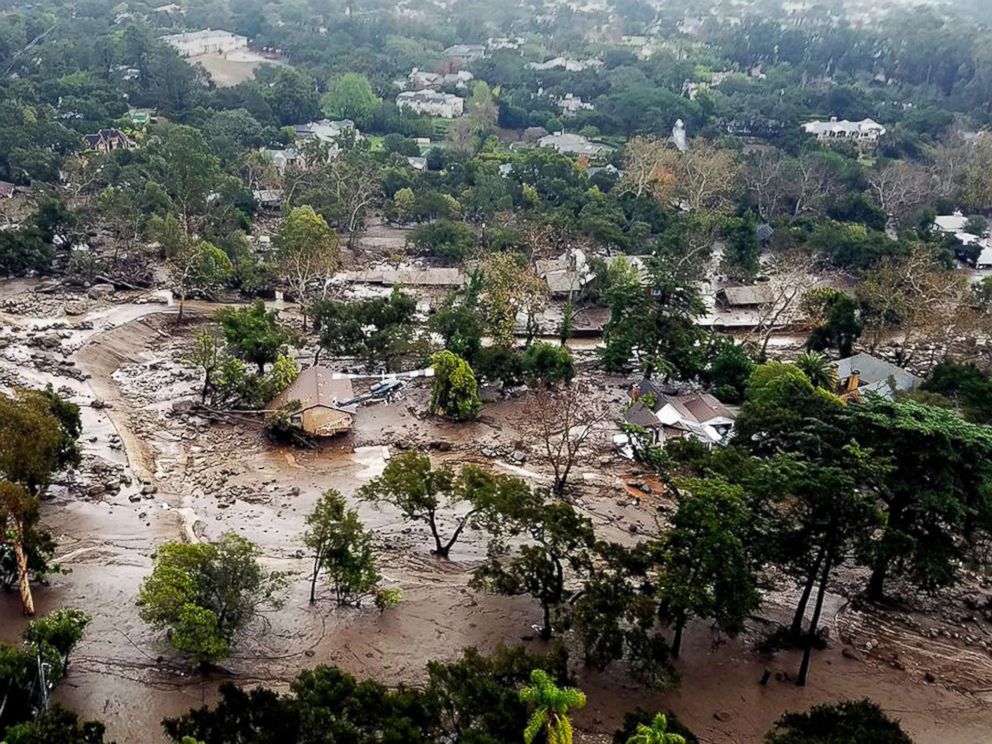 PHOTO: Mudflow and damaged homes in Montecito, Calif., Jan. 10, 2018.