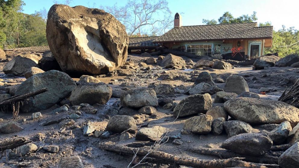 PHOTO: A large boulder rests near destroyed homes along San Ysidro Creek near East Valley Road in Montecito, Calif., Jan. 10, 2018. 