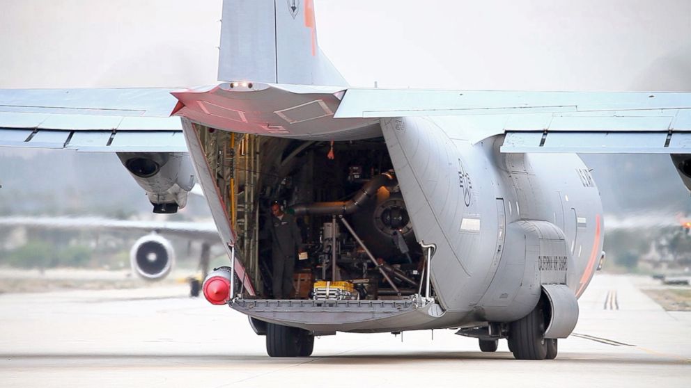 PHOTO: A modular airborne firefighting system equipped C-130J Hercules aircraft after a stop to reload with fire retardant at the U.S. Forest Service San Bernardino Airtanker Base, in San Bernardino, California, Aug. 8, 2018.