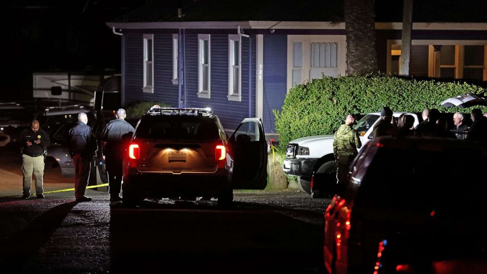 PHOTO: Law enforcement officials investigate a property following a mass shooting on Jan. 23, 2023 in Half Moon Bay, Calif.