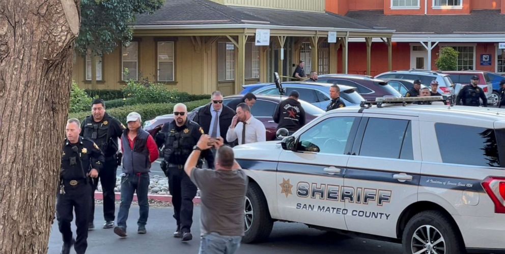 PHOTO: Police officers detain a man, believed by law enforcement to be the Half Moon Bay mass shooting suspect, in Half Moon Bay, Calif., Jan. 23, 2023, in this screengrab taken from a social media video.