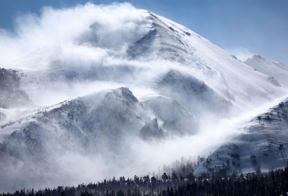 PHOTO: Snow blows in the Sierra Nevada mountains after yet another storm system brought heavy snowfall, March 29, 2023, in Mammoth Lakes, Calif.