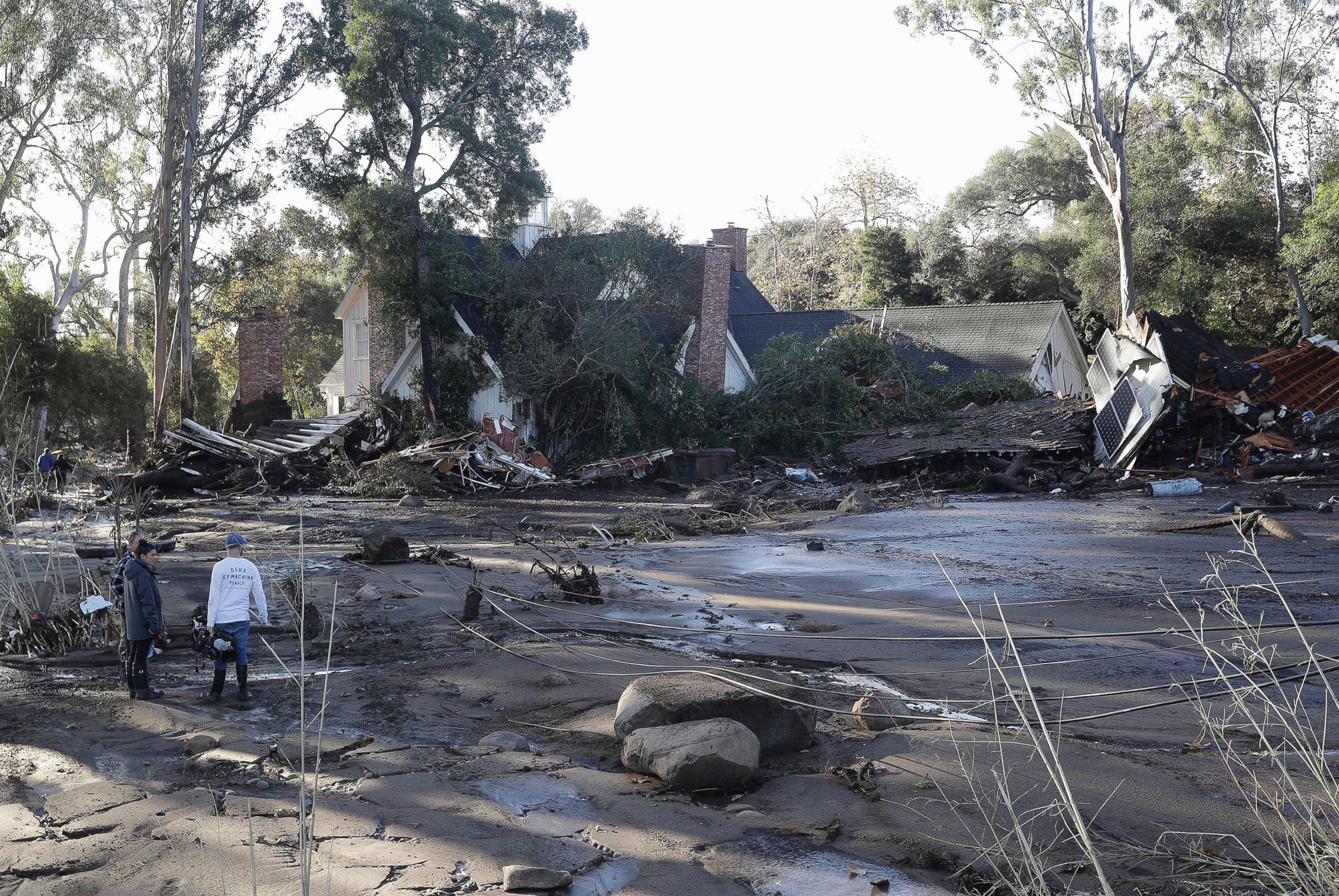 PHOTO: A damaged home in Montecito, Calif., Jan. 10, 2018 after dozens of homes were swept away or heavily damaged after heavy rains brought mud and boulders roaring down hills stripped of vegetation by a wildfire last month.