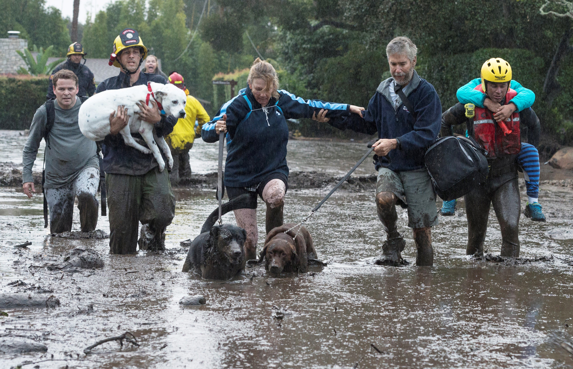PHOTO: Emergency personnel evacuate local residents and their dogs after a mudslide in Montecito, Calif., Jan. 9, 2018.