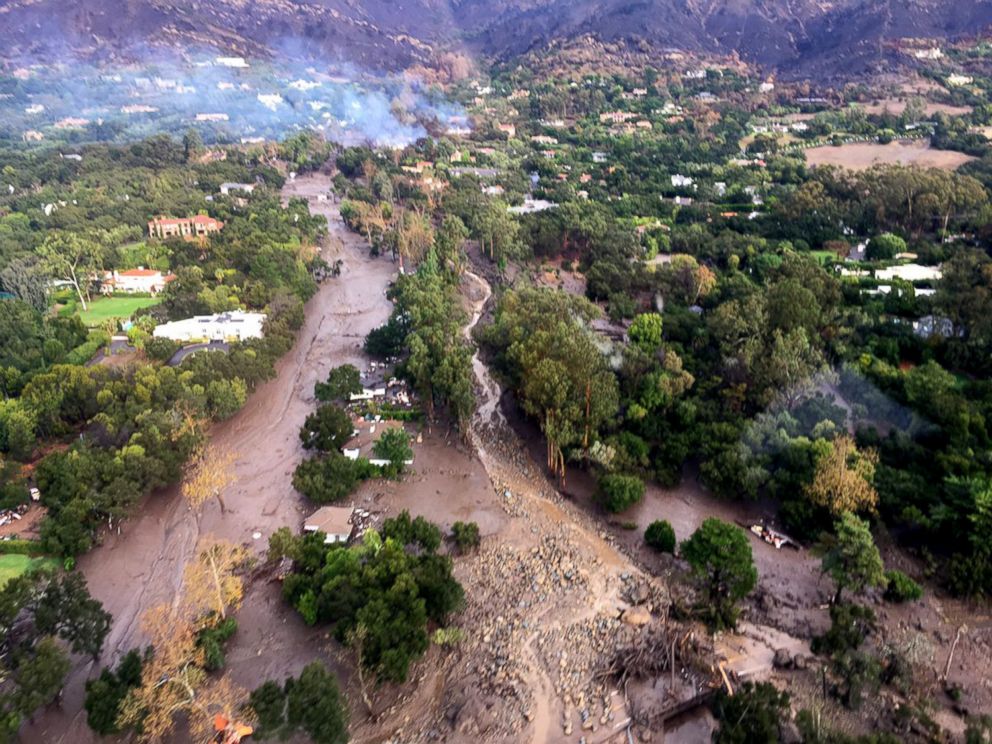PHOTO: Aerial view of Montecito, Calif., where mud and debris covers roads, homes and everything in it's path following heavy rains, Jan. 9, 2018. 