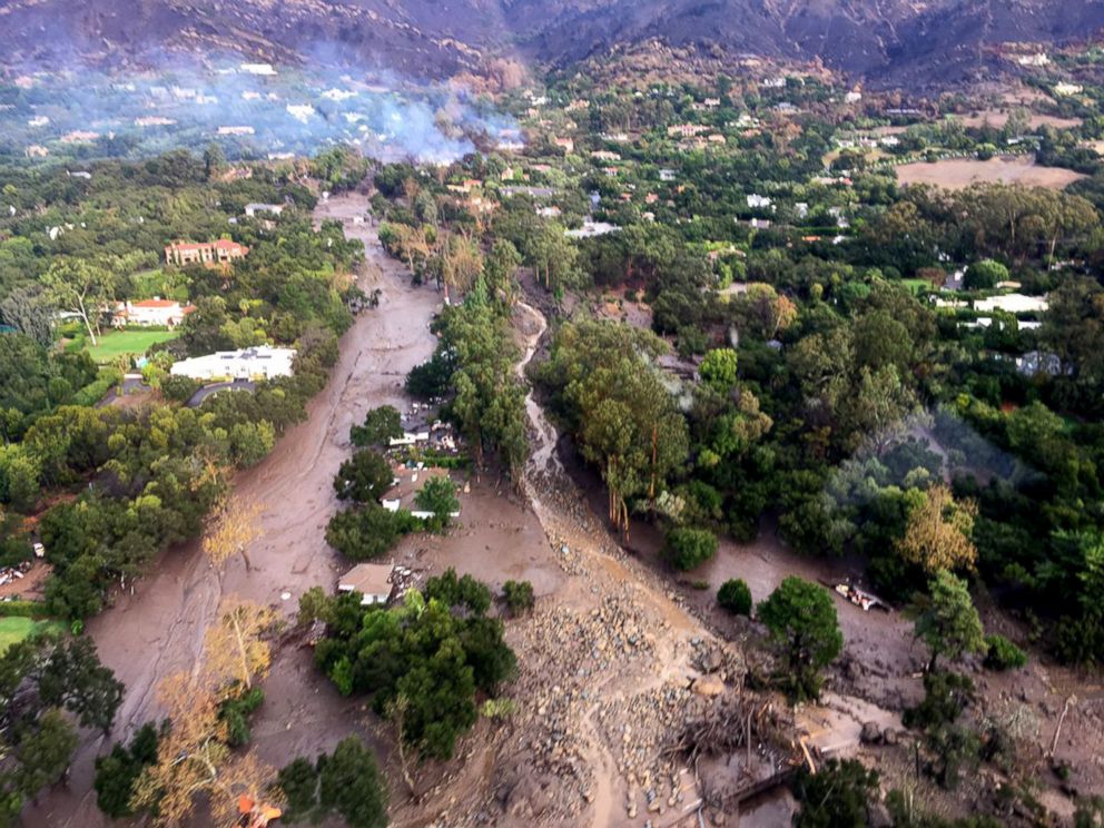 PHOTO: Aerial view of Montecito, Calif., where mud and debris covers roads, homes and everything in its path following heavy rains, Jan. 9, 2018. 