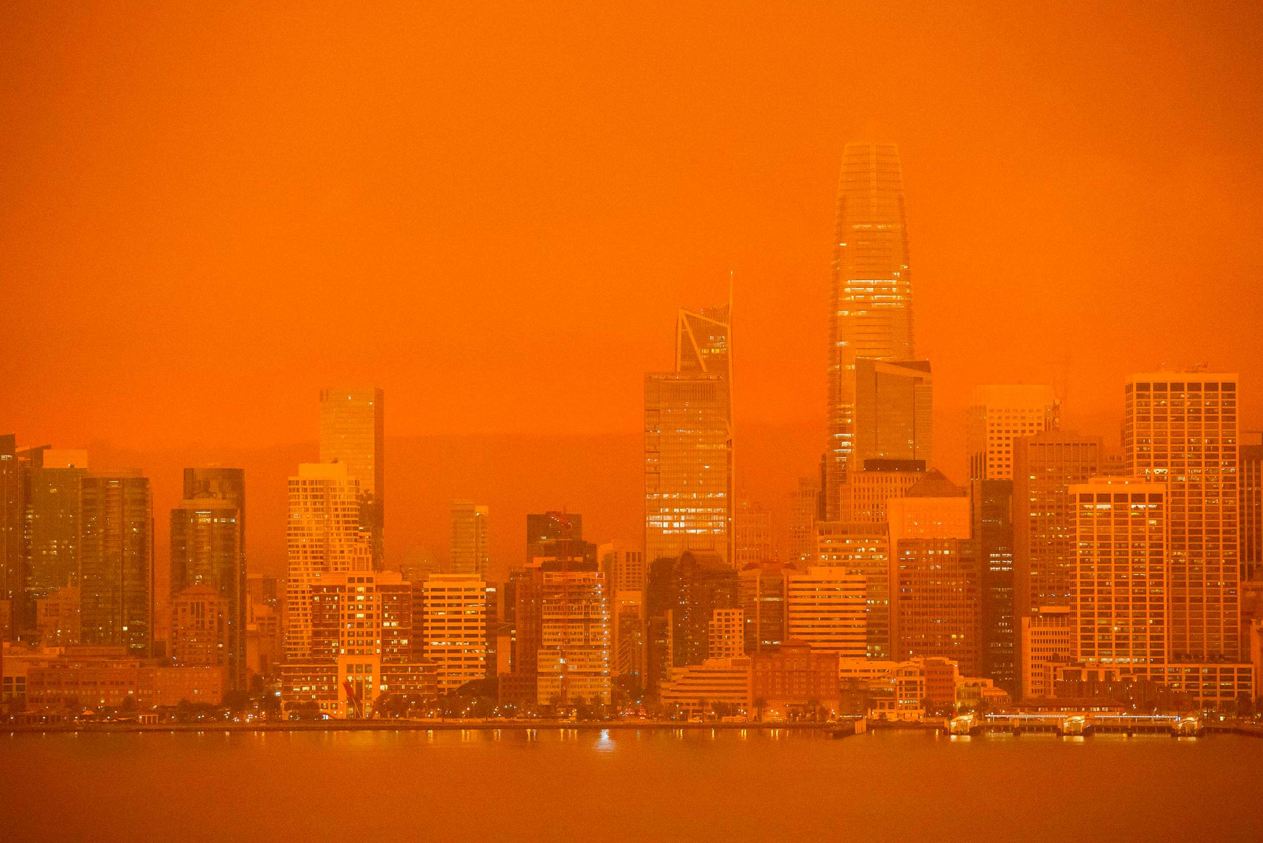 PHOTO: The San Francisco skyline is obscured in orange smoke and haze as their seen from Treasure Island in San Francisco, Calif., on Sept. 9, 2020.