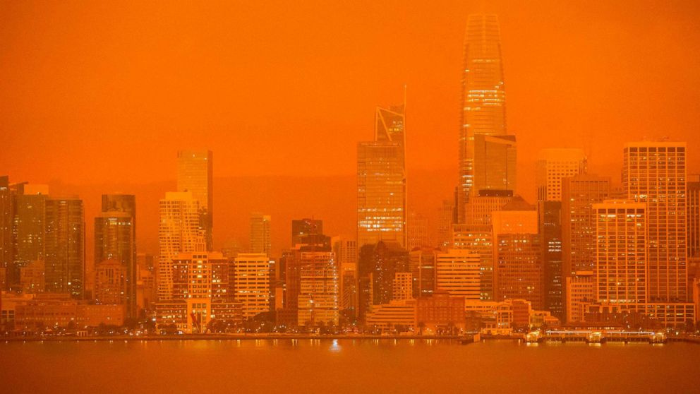 PHOTO: The San Francisco skyline is obscured in orange smoke and haze as their seen from Treasure Island in San Francisco, Calif., on Sept. 9, 2020.