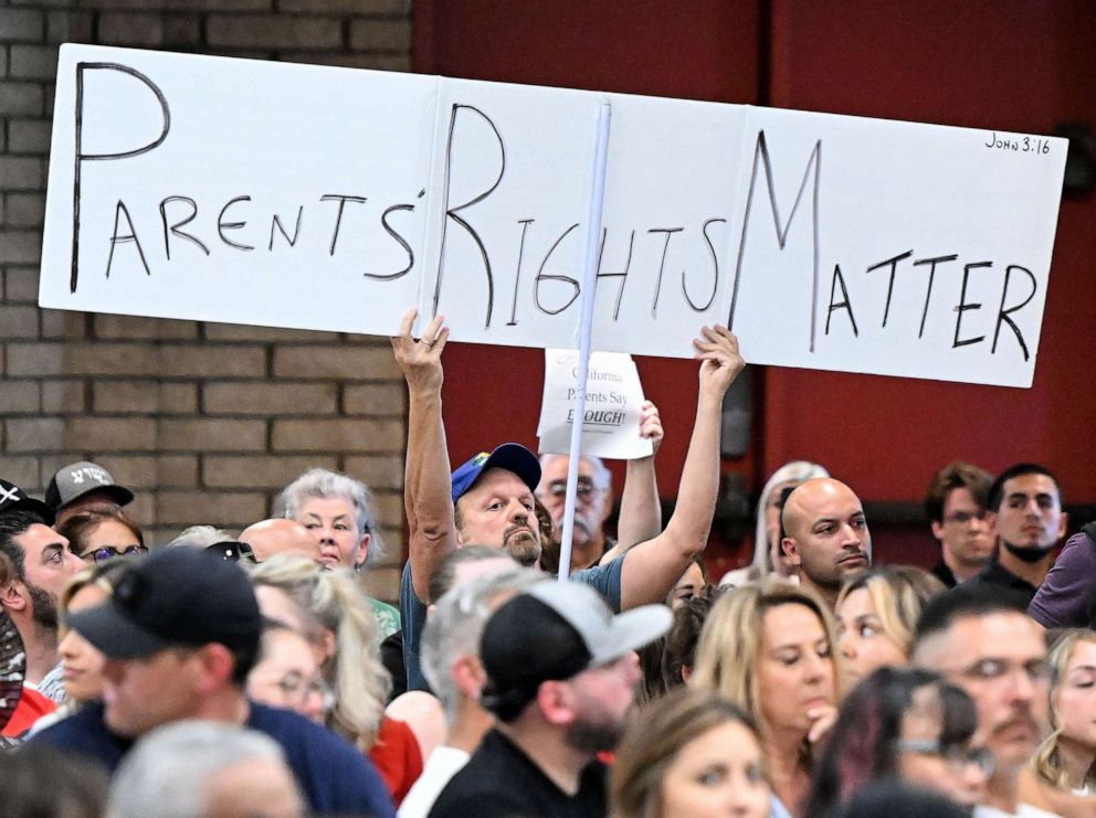 PHOTO: FILE - A parents rights supporter holds up a sign during Chino Valley Unified School District board meeting at Don Lugo High School in Chino, July 20, 2023.